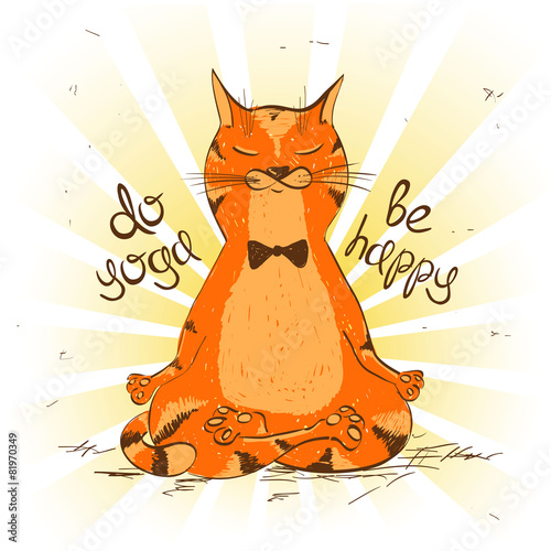 Cartoon red cat sitting on lotus position of yoga.