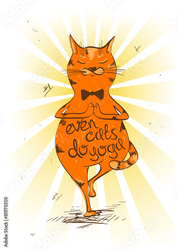 Cartoon red cat doing tree position of yoga.
