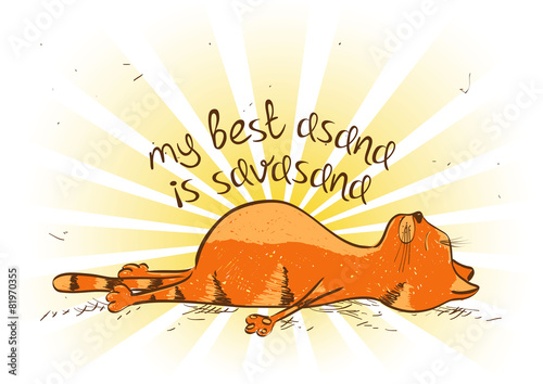 Cartoon red cat doing savasana position of yoga.