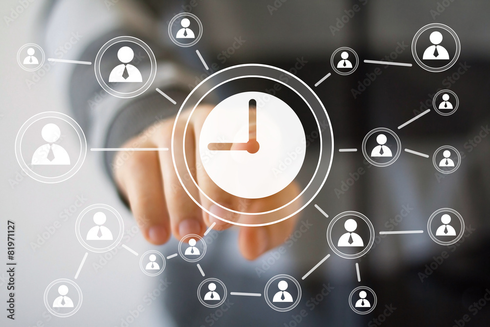 Businessman hand press clock time button icon Businessman hand press clock time button icon