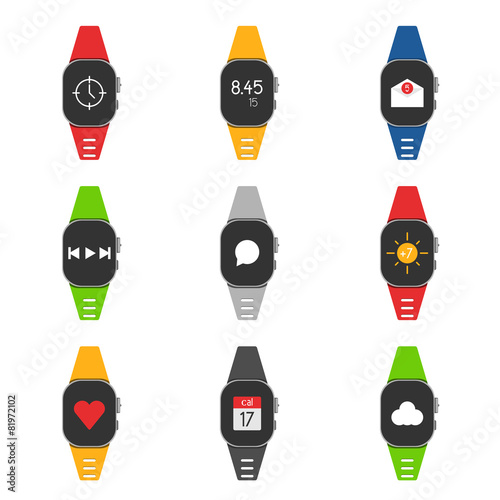 Set of smartwatch with different images on them, as well as diff