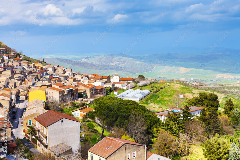 above view of Aidone town in Sicily in spring