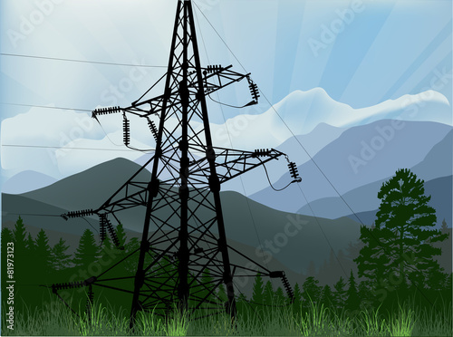 electric power pylon in green mountains