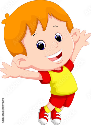 Happy boy jumping on white background