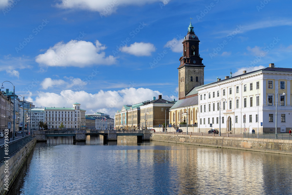 Big Harbor Canal and Christina Church in Gothenburg, Sweden