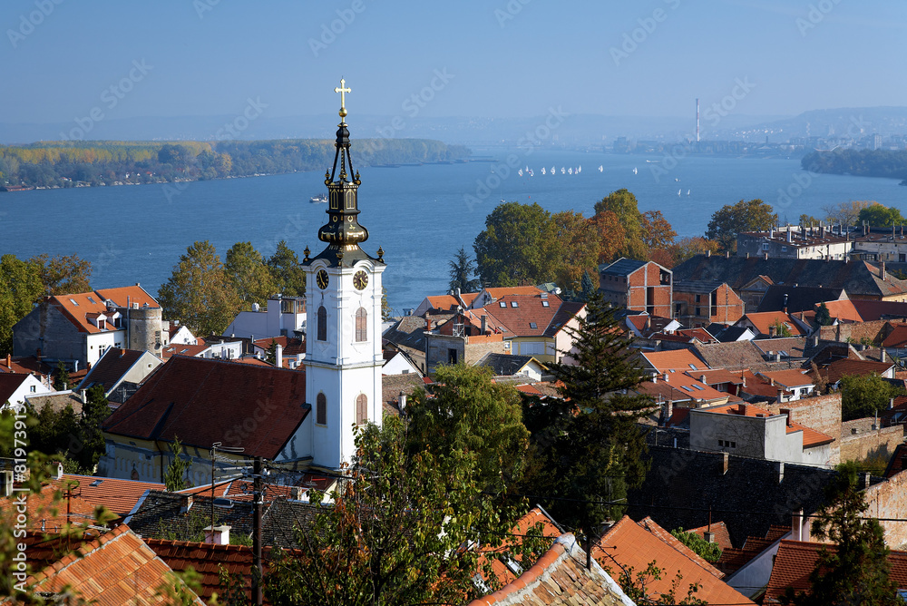 Zemun, view on the St. Nicholas Church, Danube river and Belgrad