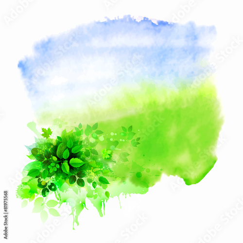 Green leaves composition on the glade. Watercolor abstract.