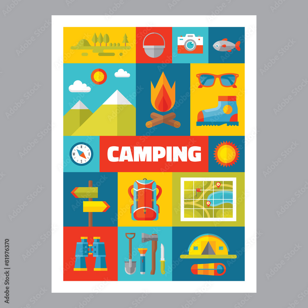 Camping - mosaic poster with icons in flat design style. Vector icons set.