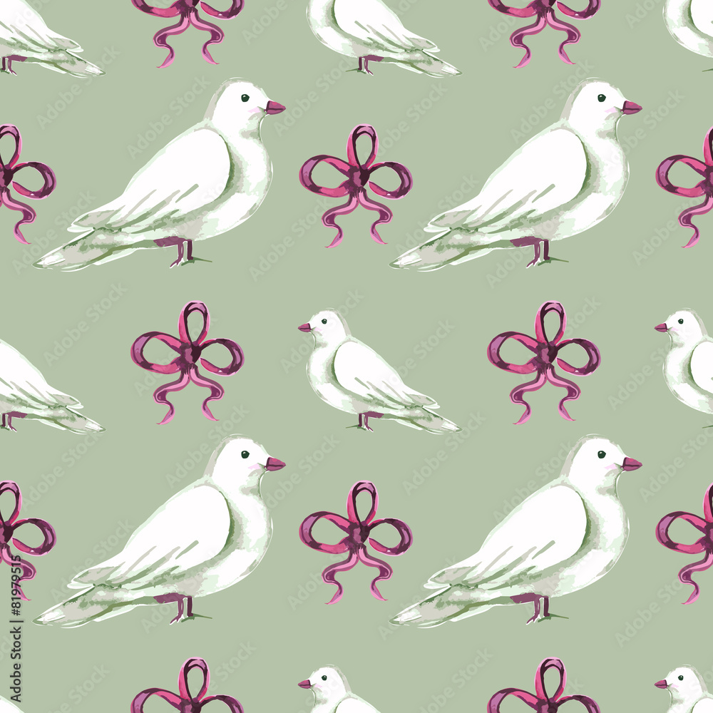 Obraz premium Watercolor seamless pattern with white doves