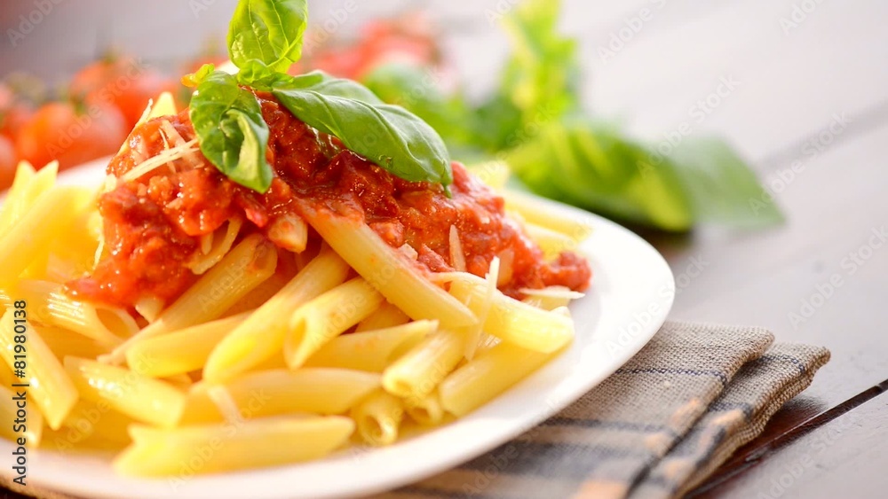 Pasta Penne with Bolognese Sauce, Parmesan and Basil Pasta Penne with Bolognese Sauce, Parmesan and Basil