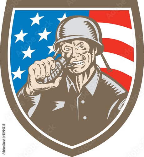 World War Two Soldier American Grenade Crest Woodcut
