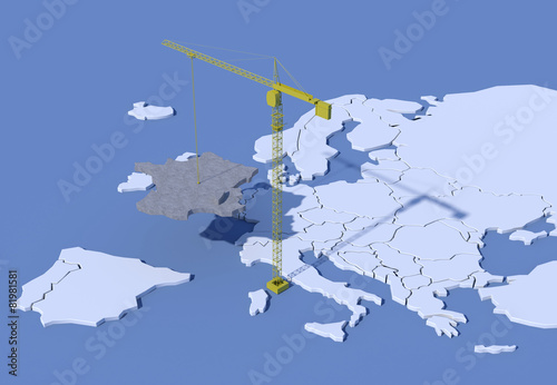 Mappa Europa 3D con gru che solleva Francia in calcestruzzo