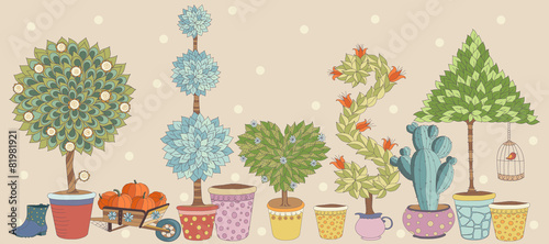 Topiary Landscape plants collection  vector, set with trees.