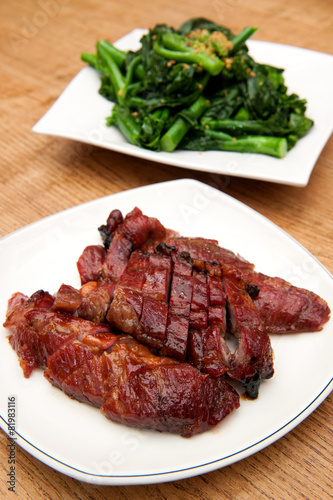 Photography Roasted red pork, hongkong Chinese cuisines with vegetable