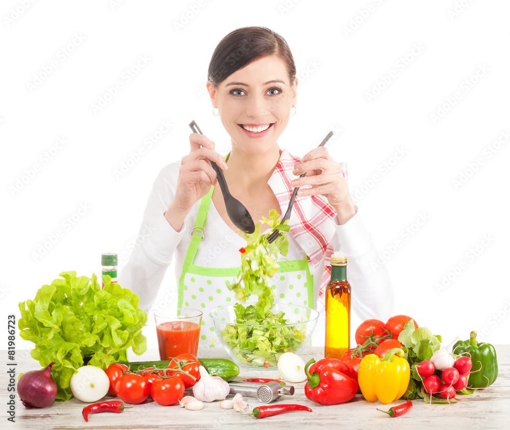 Happy woman preparing salad, healthy food and diet concept. Happy woman preparing salad, healthy food and diet concept.