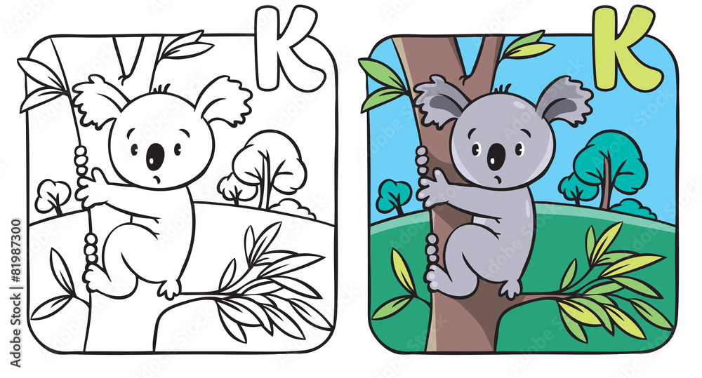Fototapeta premium Coloring book with funny koala. Alphabet K
