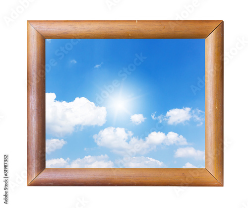 Wood photo image frame and blue sky isolated on white background