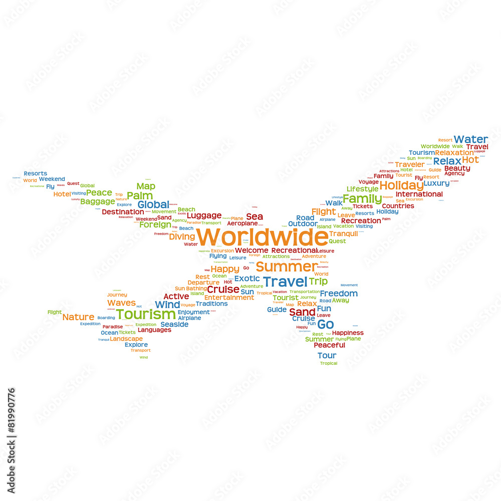 Vector conceptual worldwide travel or tourism plane word cloud
