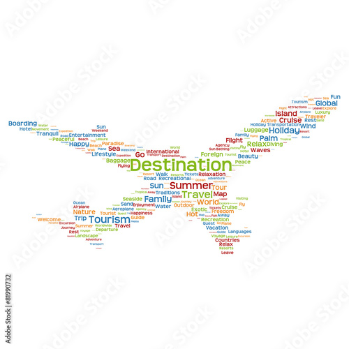 Vector conceptual destination travel or tourism plane word cloud
