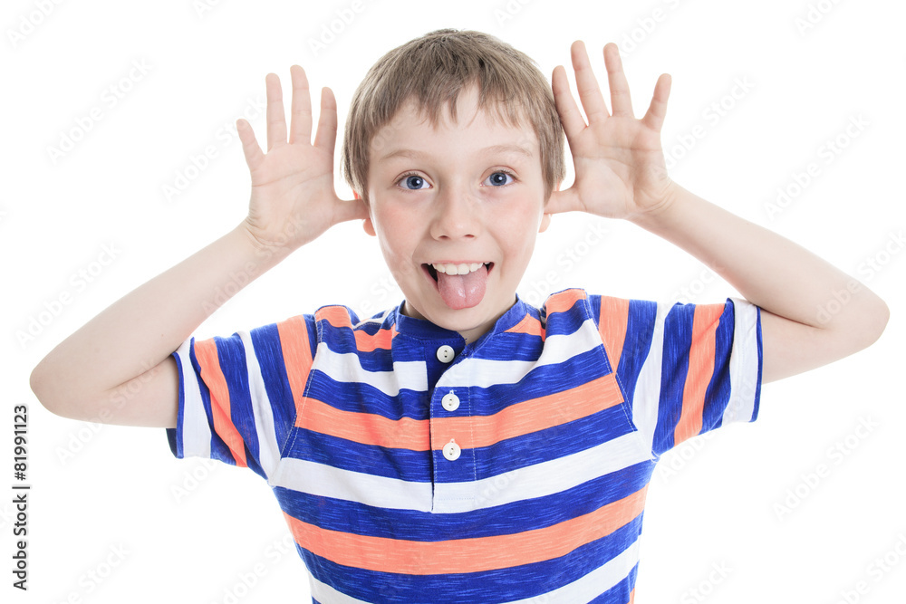 Little boy wincing on white background Little boy wincing on white background