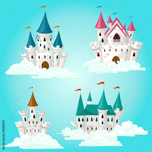 Collection of vector cartoon fairytale castle in clouds