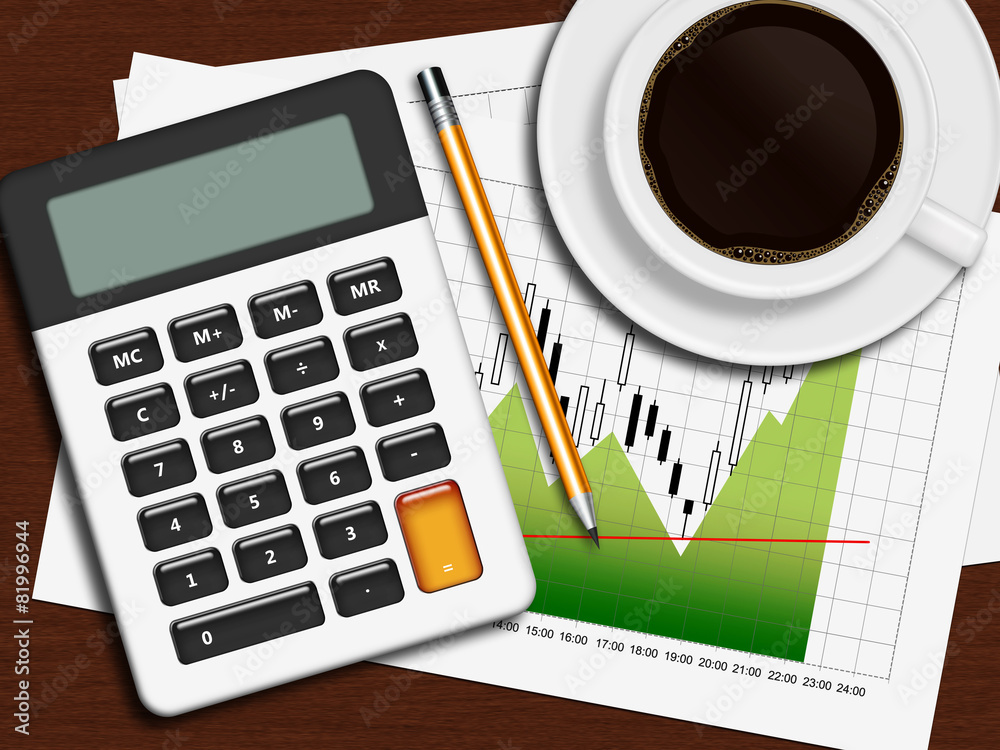 financial chart, calculator and pencil lying on wooden desk in o financial chart, calculator and pencil lying on wooden desk in o