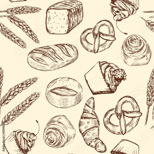 Hand drawn seamless bakery pattern