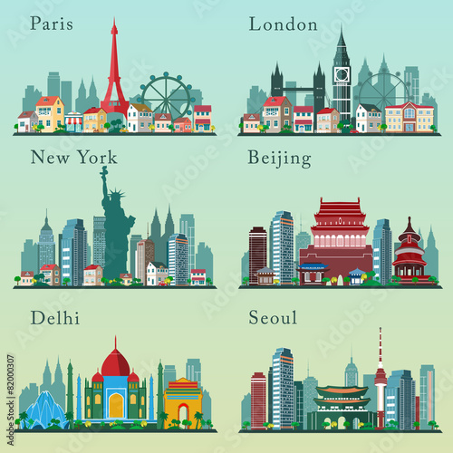 Cities skylines set. Vector flat landscapes