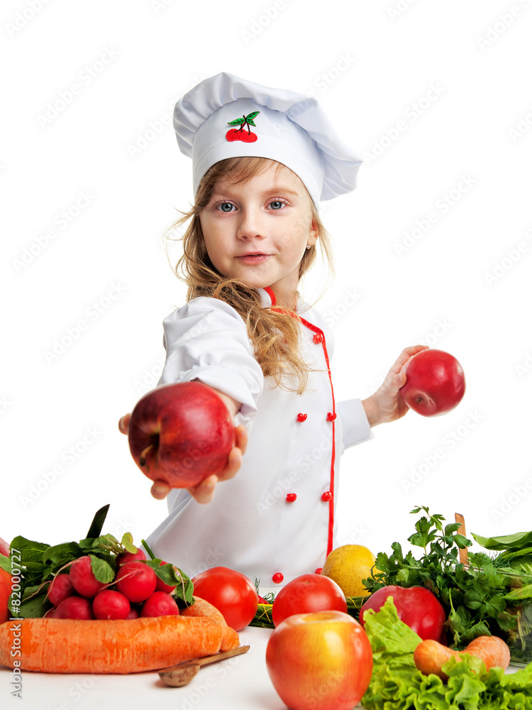 little cute girl in uniform chef holding apples little cute girl in uniform chef holding apples
