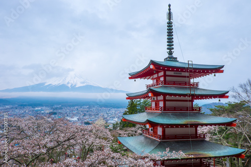 Japanese pagoda with mount Fuji   Chureito pagoda with mouth Fuji background on cloudy day