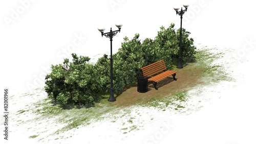 Park Bench with Street lantern and bushes on white background