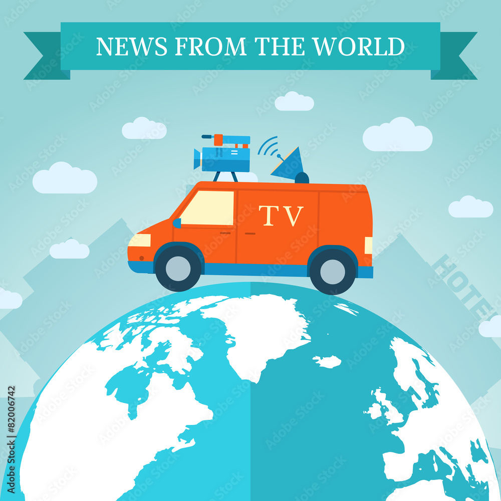 flat news car icon travels around the world. Vector illustration flat news car icon travels around the world. Vector illustration