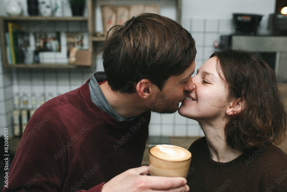 Girl kiss her boyfriend from above Girl kiss her boyfriend from above