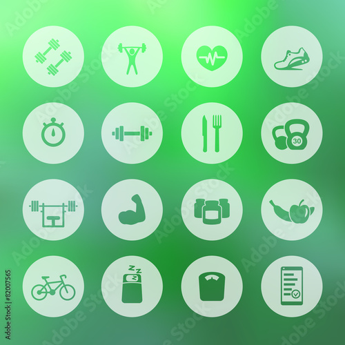 16 fitness, gym, workout, healthy living round icons