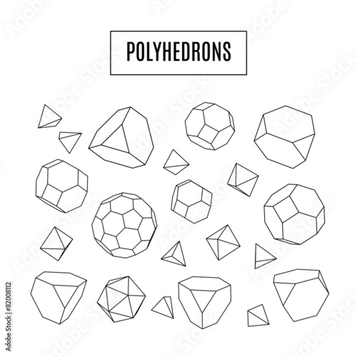 Set of 3d polyhedrons, modern hipster line art icons, crystals