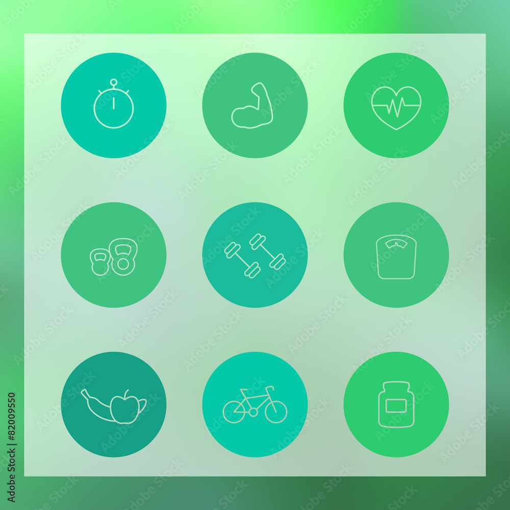 line round fitness icons on blur green background, vector, eps10 line round fitness icons on blur green background, vector, eps10