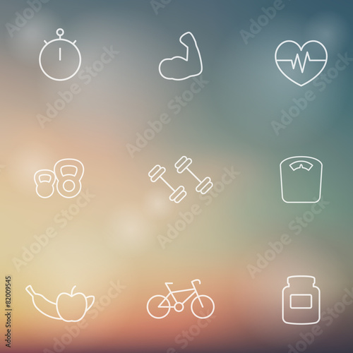 line white fitness icons on blur mesh background, vector, eps10