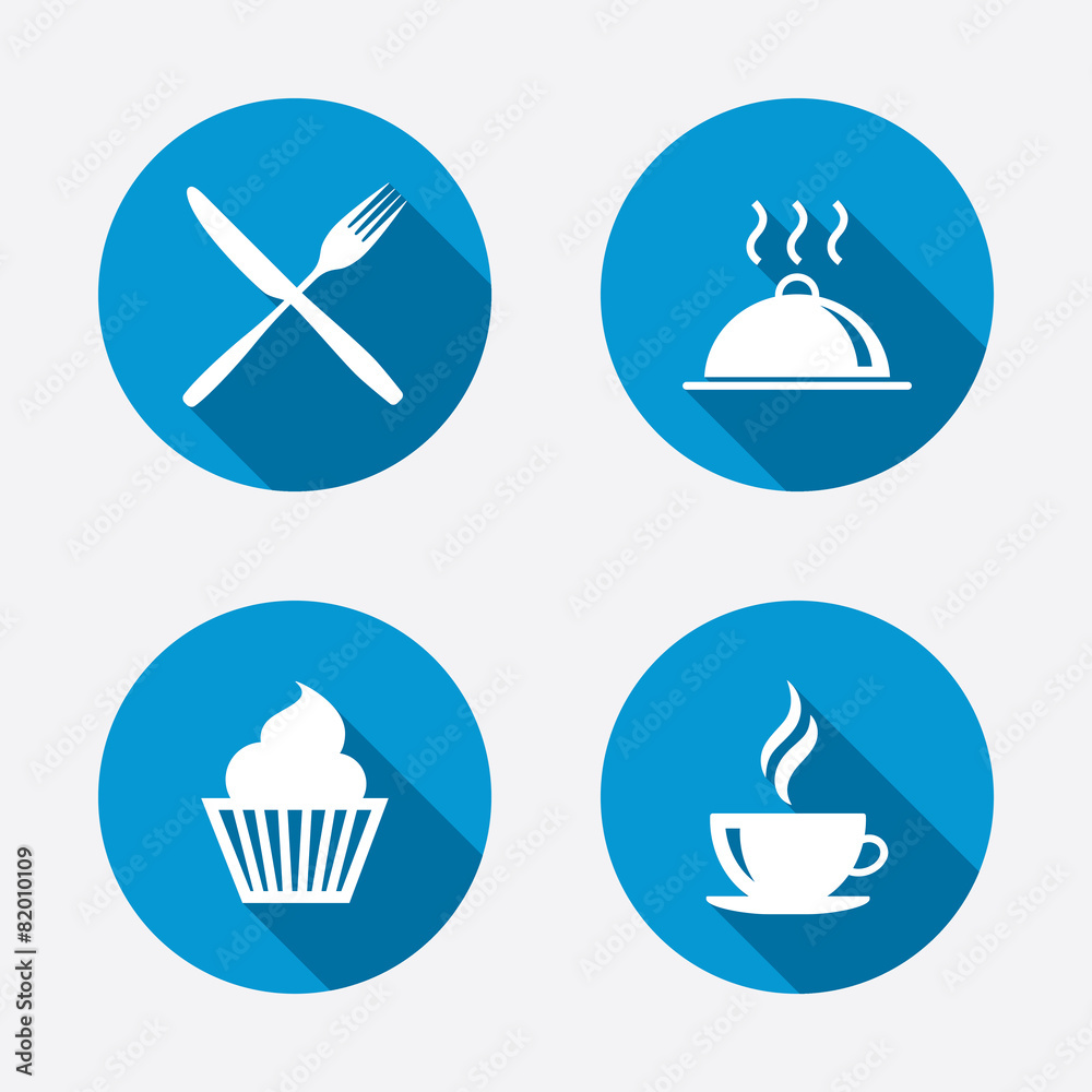 Food icons. Muffin cupcake symbol. Fork, knife.