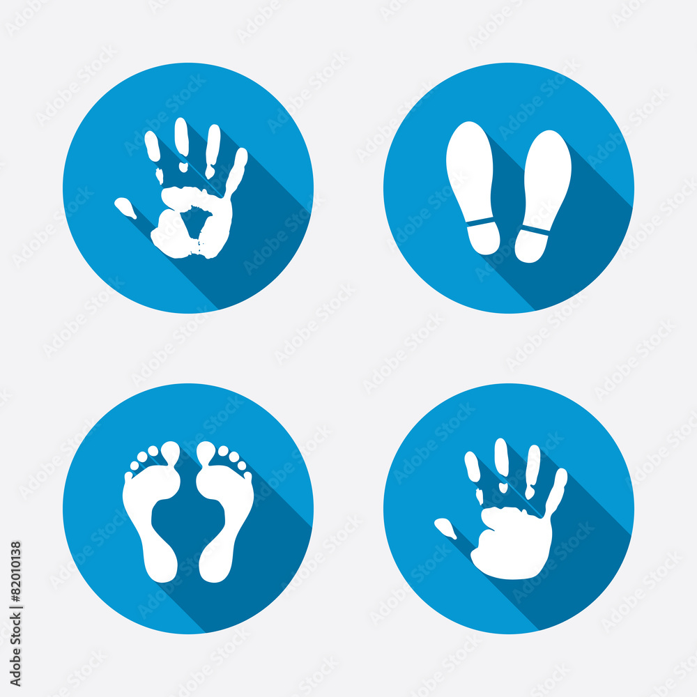 Hand and foot print icons. Imprint shoes symbol. Hand and foot print icons. Imprint shoes symbol.