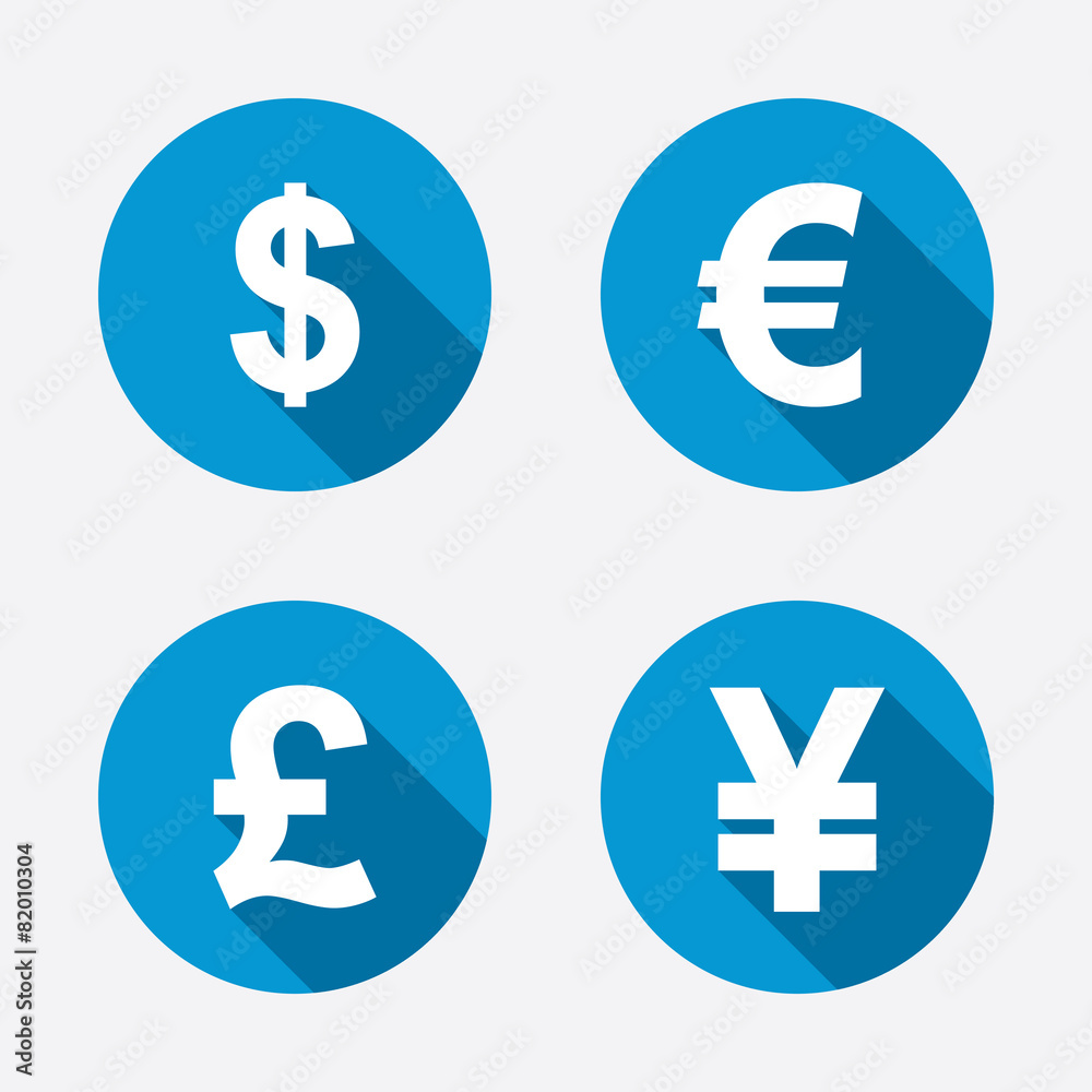 Dollar, Euro, Pound and Yen currency icons. Dollar, Euro, Pound and Yen currency icons.