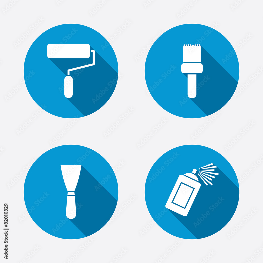 Paint roller, brush icon. Spray can and Spatula. Paint roller, brush icon. Spray can and Spatula.