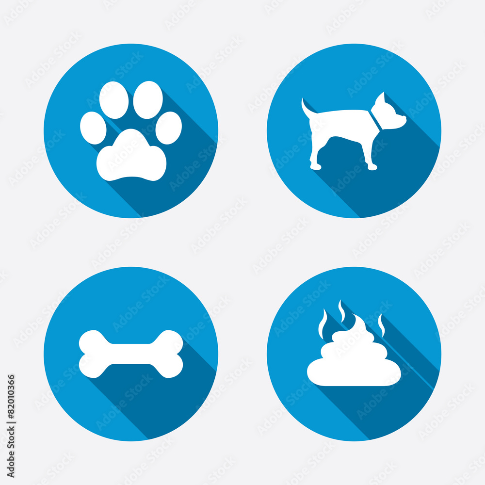 Pets icons. Dog paw and feces signs. Pets icons. Dog paw and feces signs.