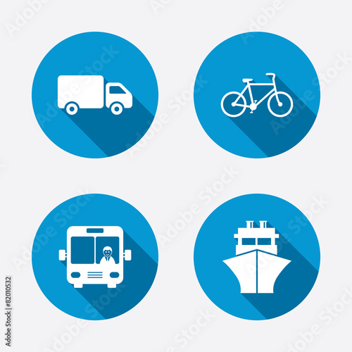 Transport icons. Truck, Bicycle, Bus and Ship.