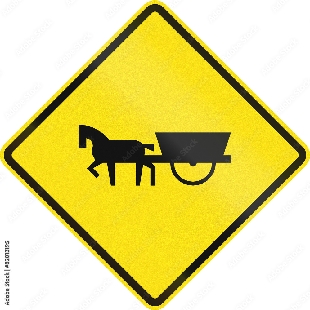 Chilean road warning sign: Horse drawn vehicles ahead Chilean road warning sign: Horse drawn vehicles ahead