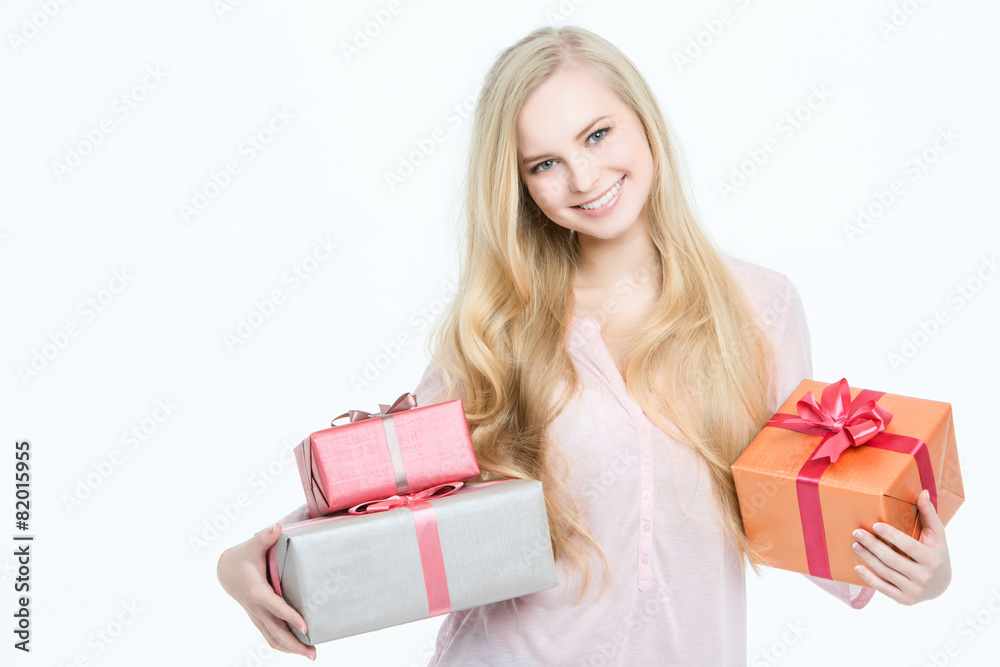 Portrait happy woman with gift box in hands. Portrait happy woman with gift box in hands.