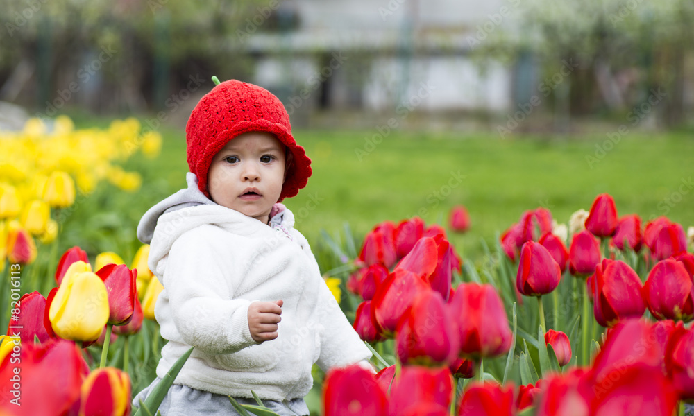 Beautiful little girl on a field of tulips