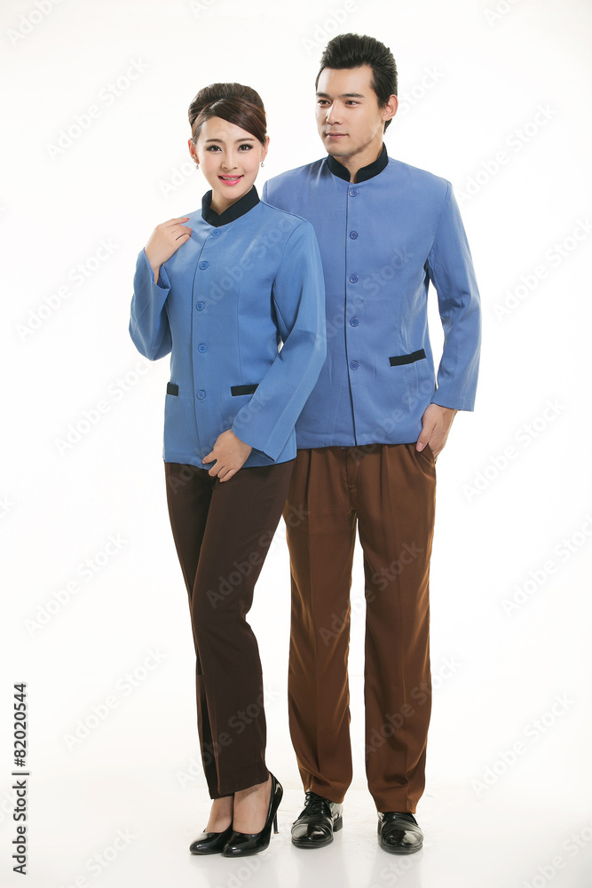 Wear clothing occupation Chinese waiters in white background Wear clothing occupation Chinese waiters in white background