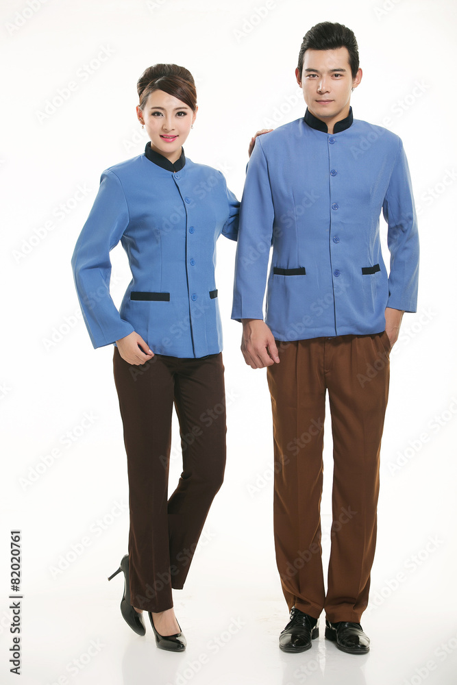 Wear clothing occupation Chinese waiters in white background Wear clothing occupation Chinese waiters in white background