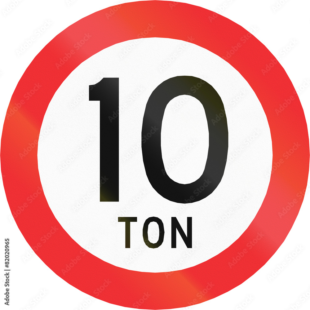 Chilean traffic sign prohibiting throroughfare of vehicles with a weight over 10 metric tons Chilean traffic sign prohibiting throroughfare of vehicles with a weight over 10 metric tons