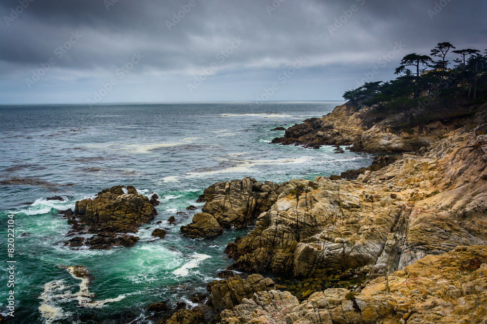 View of the rocky Pacific Coast from the 17 Mile Drive, in Pebbl
